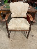 Antique Wooden Parlor Chair w/ Cream Floral Upholstery. Measures 28