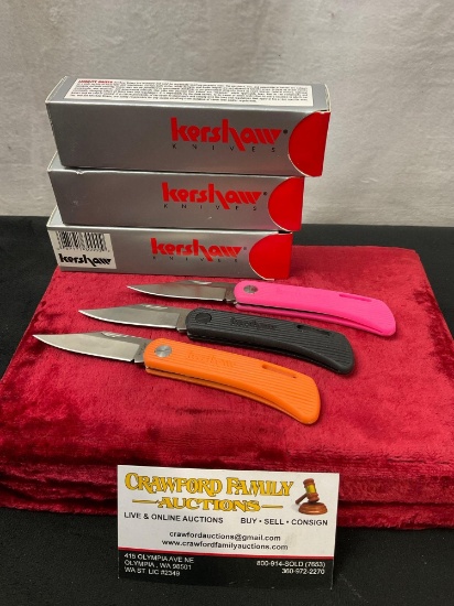 Trio of Modern Kershaw Knives, 3 colors of D.W.O. Classic 3000, Black, Orange, Pink