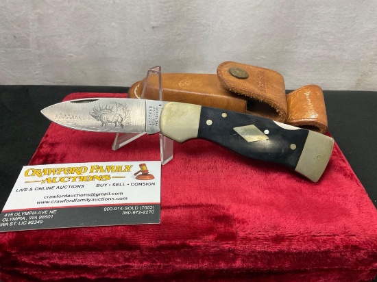 Vintage Western Folding Knife, S-531, w/ Deer Buck etched on blade, w/ Leather Sheath