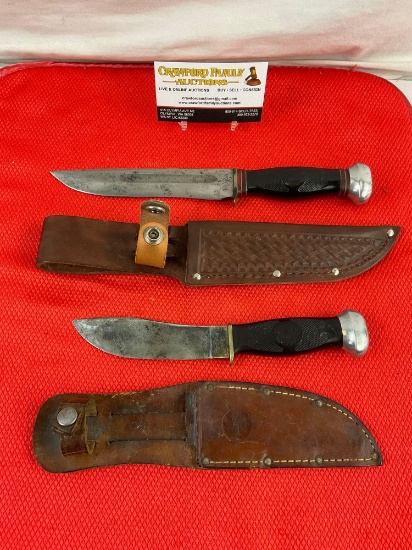 2 pcs Vintage Remington Collectible Fixed Blade Knives Model RH42 & Unknown Model w/ Sheathes. See