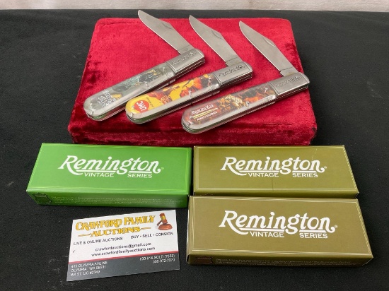 3x Collectors Edition Vintage Style Remington Folding Knives by Barlow, 2.5-3 inch blades in box