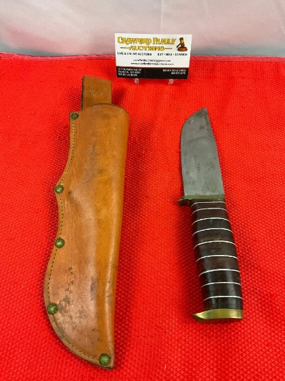 Vintage 5" Steel Fixed Blade Bowie Knife w/ Leather Sheath. Unknown Maker, Marked Japan. See pics.