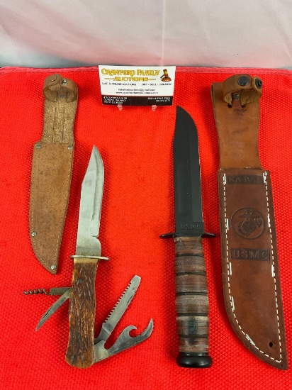 2 pcs Steel Fixed Blade Knives w/ Leather Sheathes. KA-BAR USMC Straight Edge Repro. See pics.