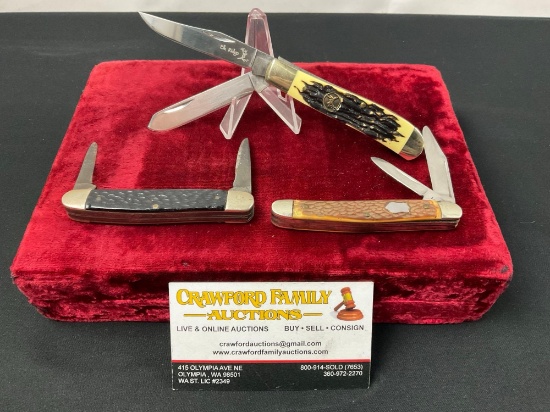 Trio of Folding Pocket Knives, Klein Tools & Elk Ridge Trappers, Remington UMC Double Knife