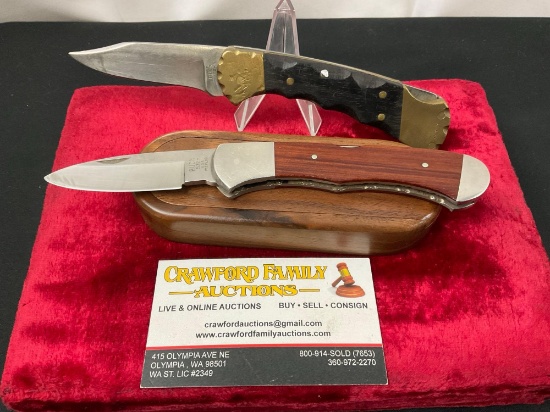 Pair of Vintage Buck Folding Pocket Knives, models 112 Ranger Brass & Wood & 532 Legacy Collection