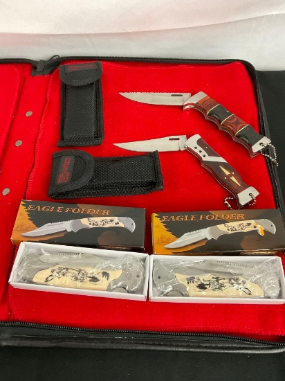 2x Fugunjie Columbia USA Folding Knives w/ Wood Handles & 2x Stainless Steel Eagle Folders