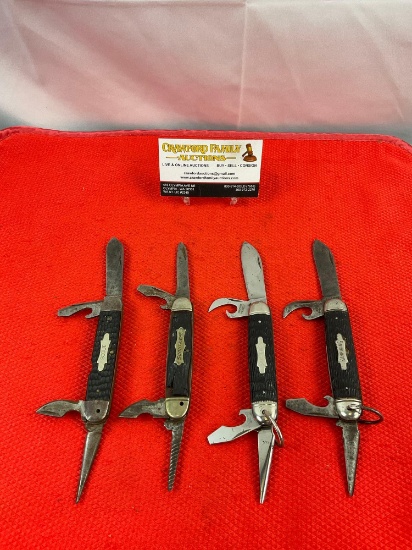 4 pcs Vintage Imperial Steel 4-Blade Folding Utility Pocket Knives, 2x Kamp-Kings, 2x Scouts. See