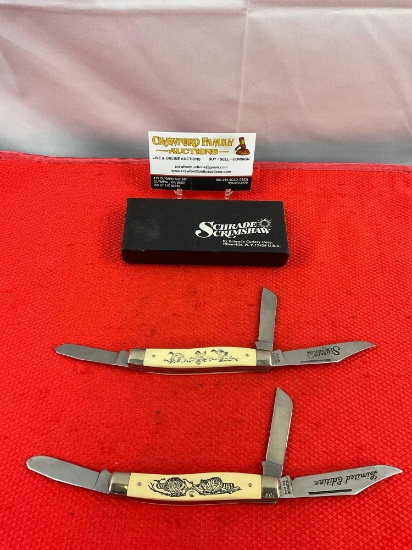 2 pcs Vintage Schrade Scrimshaw Steel 2.75" Folding 3-Blade Stockman Knives Model SC505. See pics.