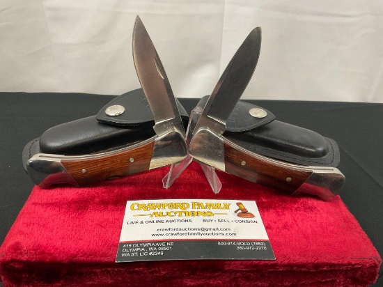 Pair of Vintage Buck Folding Pocket Knives, model 500 Duke, Stainless Steel & Wooden Handle