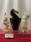 Bird Statues, Toucan & Pair of Parakeets, Czech, Brad Keeler, & planter, tallest is 12 inches