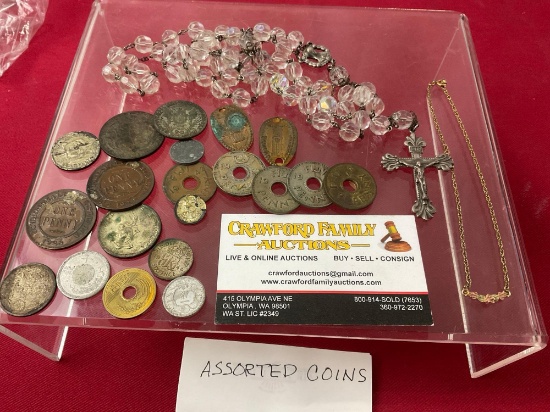 Sterling Silver Cross & Rosary, 20 Antique Coins, Fiji, Australia, German, Japan, Philippines & m...