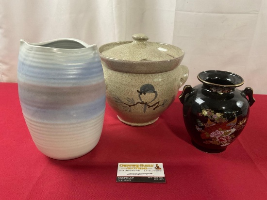 Pair of Vases, Light Blue Hand Thrown & Painted Peacock Black Urn & Old Time Stoneware Soup Tureen