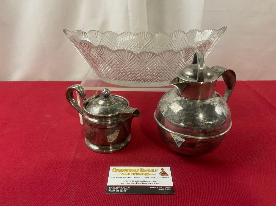 Sheffield Silver on Copper Teapot & Reed & Barton Silver Soldered Creamer w/ Crystal Veg Bowl