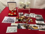 Asst of Pins, lots of Military, Ambassador for Peace Medal Korean War, 2 USS Leyte Mugs, War Photos