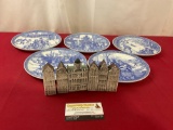 5 Spode Blue Room Collection Plates, 6 small Building Figures, hand made
