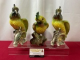 Set of 3 Vintage Parrot Figures, Green w/ Yellow Bellies, tallest two are 11 inches