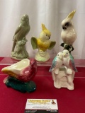 5 Vintage Bird/Parakeet Statues, 3 Planters, Celadon Green, 2 Yellow w/ White, 2 Multi color