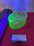 Vaseline Glass Covered Oval Bowl, measures approx 8 x 4 inches, fluoresces in blacklight