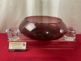 Riekes Crisa Mexican Art Glass Bowl & Pair of Rogaska Candleholders, bowl is 11 inches in diameter
