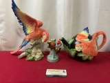 Fitz & Floyd Parrot Teapot & Statue, + 1930s Luster Parrot Bud Vase, tallest is 13 inches tall