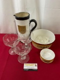 Chimay Branded Margarita Cups, Stein, Pair of Crock style Bowls, stein is 9 inches tall