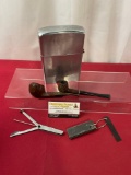 Large Novelty Zippo Style Lighter, Pair of Briar Pipes, Folding Pipe Tool & Firesteel