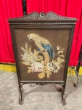 Antique Wooden Fireplace Screen w/ Lovely Needlepoint Parrot. Very Good Condition. See pics.