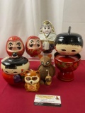 Pair of Japanese Daruma Figures, 2 Geisha Bento Boxes, Raccoon Wooden Figure, Red Panda Candle