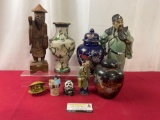 Assortment of Asian Figures, Vases, Guan Yu Statue, Cloisonne Vase, Wooden Old Man Statue & more