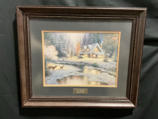 Framed Thomas Kinkade Library Edition Print of Deer Creek Cottage, approx 20h x 24w inches