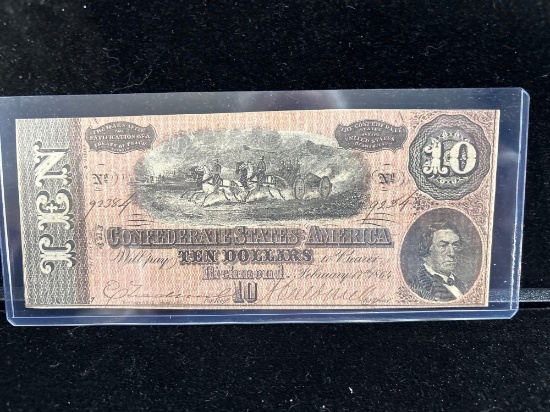 Antique Civil war era 1864 Confederate States of America $10 dollar note Possible VF condition