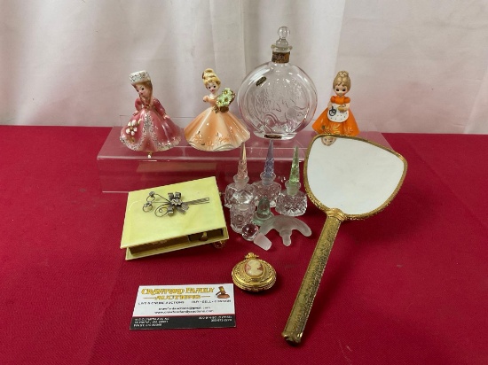 Collection of Perfume Bottles & Stoppers, 3 Ceramic Figures, Vanity Mirror & Cameo Powder Piece