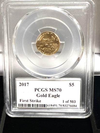 2017-W Proof First Strike $ 5 Dollar Gold Eagle 1/10 OZ coin #-d 1of 503 August St Gaulden's series