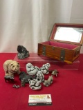 Group of Figures, and Carvings, Mt St. Helens Ash Animals, Wooden Jewelry Box, Pewter, 13 pieces