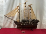 Large Wooden Ship Model, Handmade, Tinted Wood w/ rough cloth sails, approx 34h x 39L x 7d inches