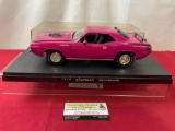 ERTL Pink 1970 Plymouth Barracuda Model Car, in display case, approx 11 inches, 1:18 Scale