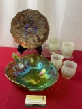 Vintage Rare Fenton Carnival Glass Plate & Indiana Green Fruit Bowl & Four Small Glass Shades