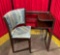 Antique Wooden Telephone Gossip Chair w/ Blue Upholstery. Very Good Condition. See pics.
