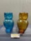 Pair of Kanawha style Owl Pitchers, Pressed Glass, Amber & Blue, 8.5 inches tall
