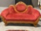 Westlake Walnut Loveseat Settee On Wheels, Light Red upholstery, 36h x 64w x 28d inches