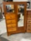 Vintage Oak Wardrobe w/ working key, 4 drawers & 2 mirrored cabinet doors, 62h x 38w x 16.5w inches