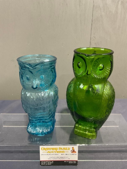 Pair of Kanawha Style Owl Pitchers, Blue & Green, 8 & 9 inches, Vintage Pressed Glass