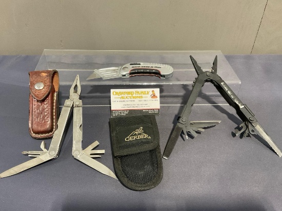 Folding Razor Blade, Gerber & Leatherman Multi Tools w/ pair of sheaths