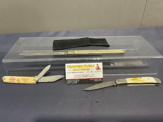 Rosco Stainless Long Knife, Coca-Cola Pocket Knife, & Nice Parker-Edwards Pocket Knife in sheath