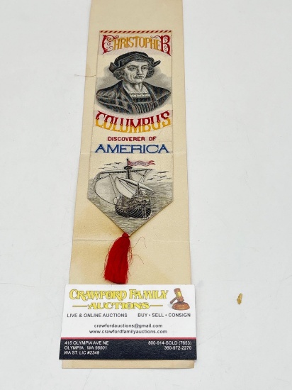 Antique 1893 Columbian Expo Silk Souvenir Ribbon/ Bookmark Christopher Columbus W/ The Santa Maria