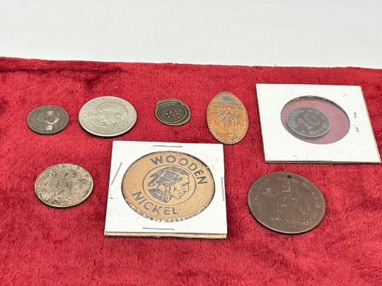 American & Foreign Coins Some silver, S. Dakota Wooden Nickel, 1943 Silver Quarter, Plus more