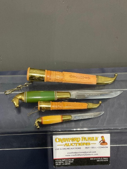 Pair of Vintage Finnish Horsehead Handle Knives w/ Sheaths, 6 & 9.5 inches