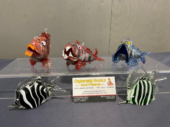 5 Handblown Glass Art pieces, 2 solid Murano-Style, 3 ornate fish ornaments, many colors