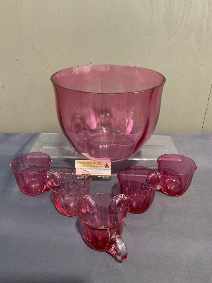 Large Pink Cranberry Bowl & set of 5 Cups, Handblown pieces