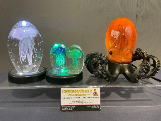 Blown Glass Octopus Lamp, Translucent Jellyfish 3D art w/ LED Lamps